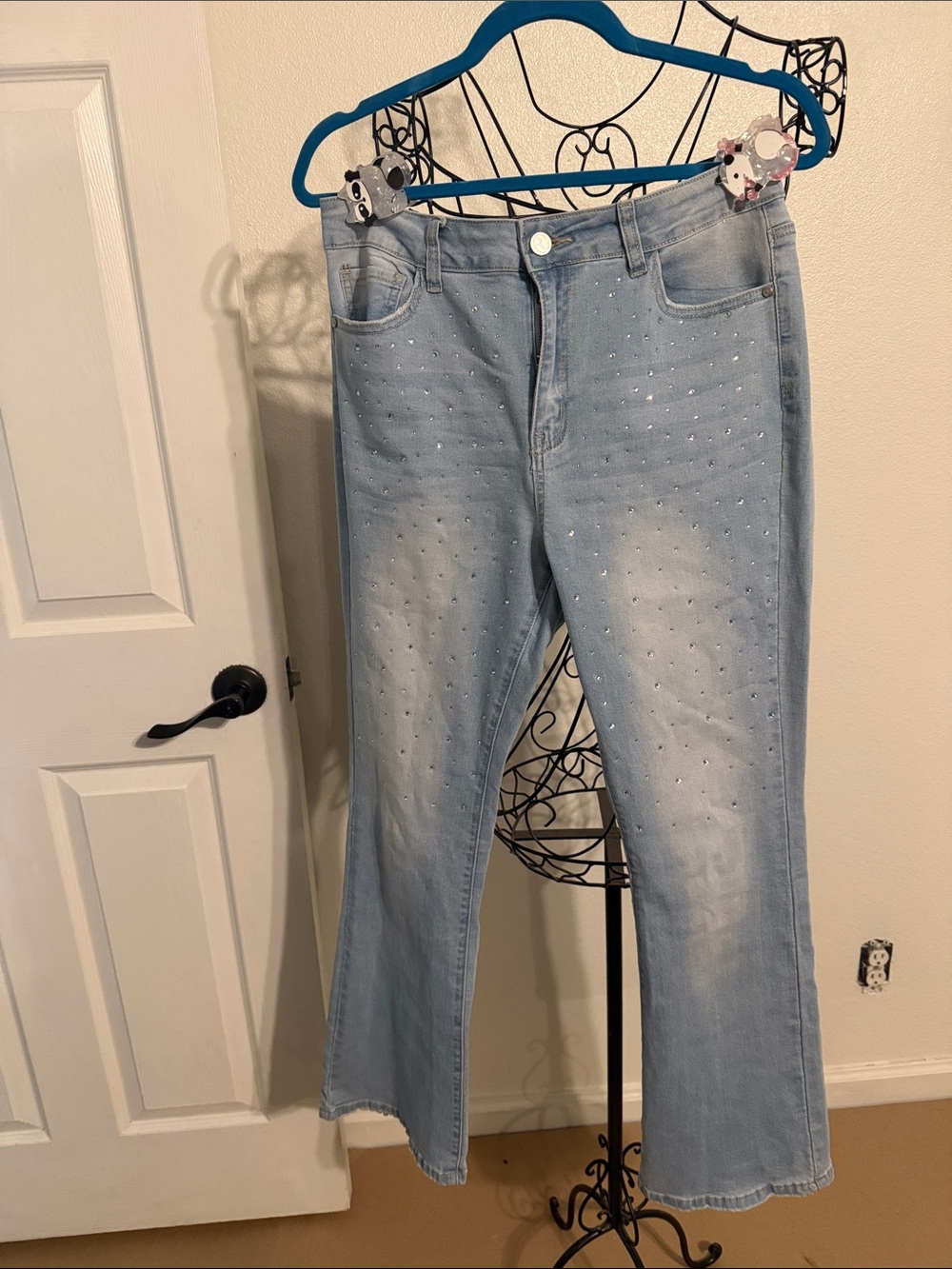Light Wash Rhinestone-Embellished Wide Leg Jeans